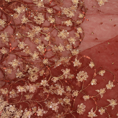 Sanskriti Vintage Dupatta Long Stole Net Mesh Dark Red Veil Hand Beaded Scarves