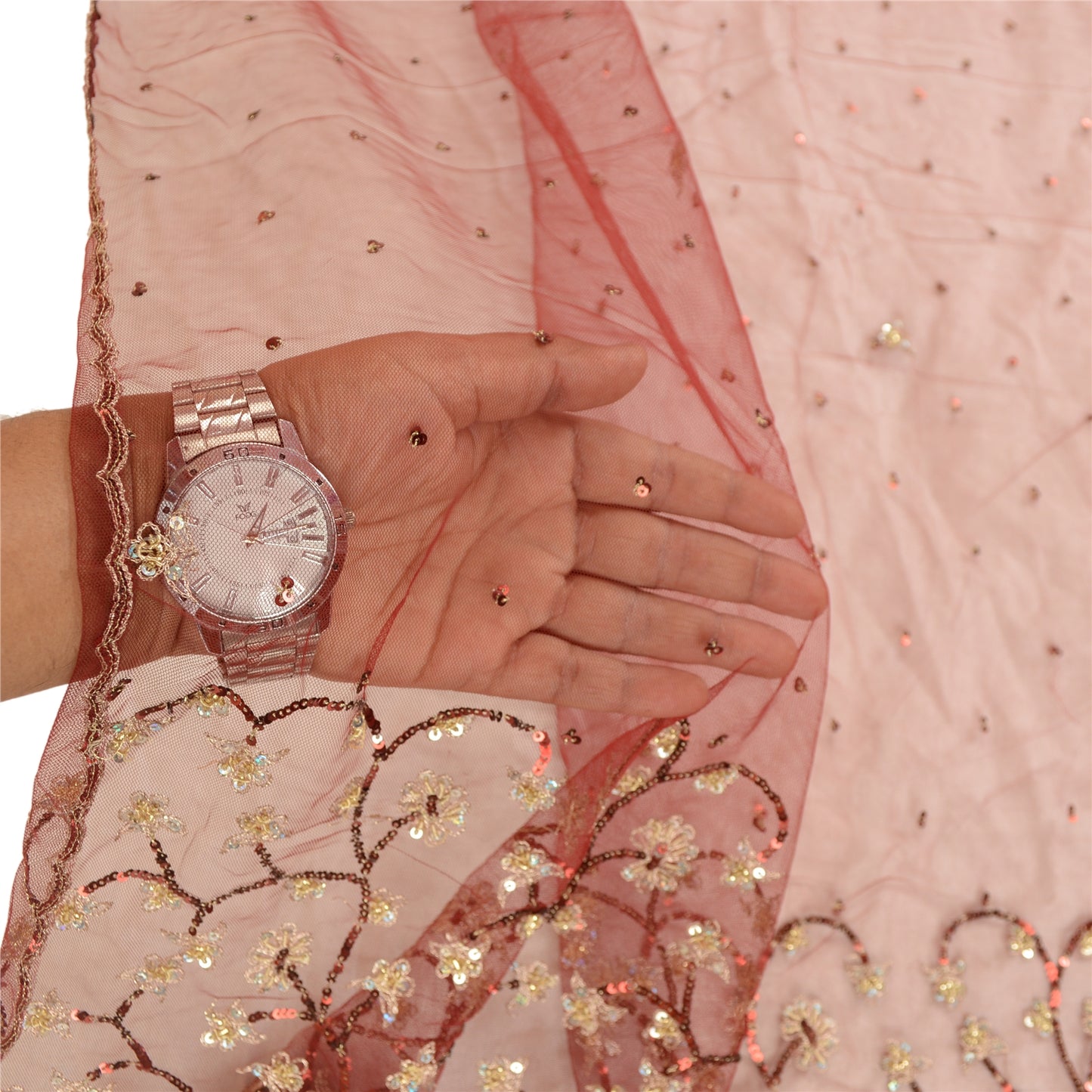 Sanskriti Vintage Dupatta Long Stole Net Mesh Dark Red Veil Hand Beaded Scarves