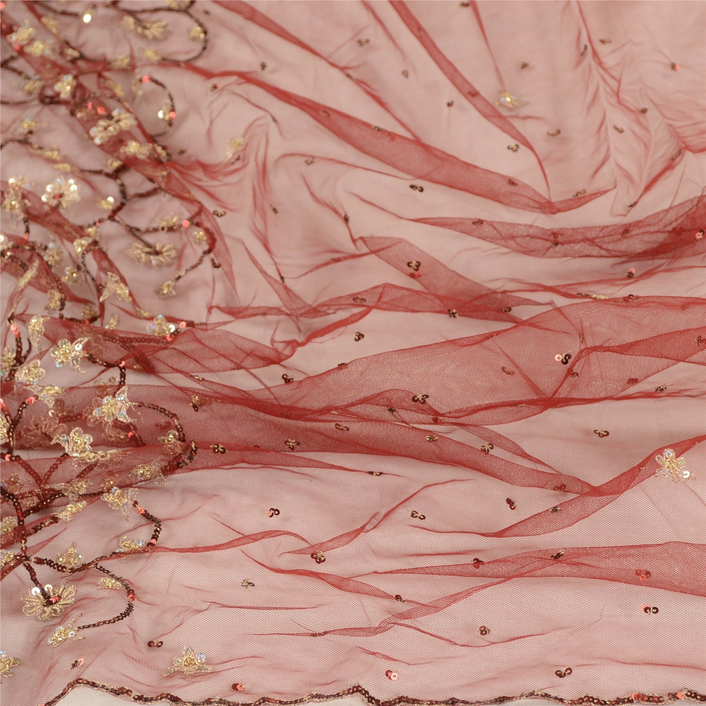 Sanskriti Vintage Dupatta Long Stole Net Mesh Dark Red Veil Hand Beaded Scarves