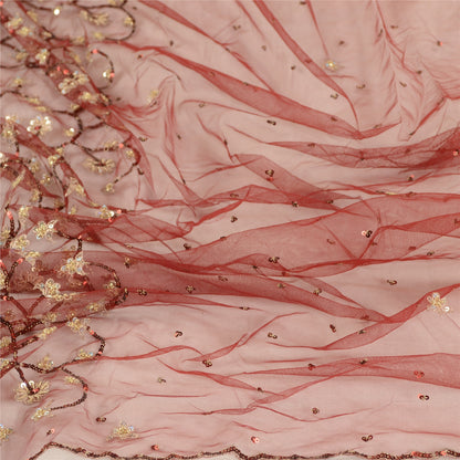 Sanskriti Vintage Dupatta Long Stole Net Mesh Dark Red Veil Hand Beaded Scarves