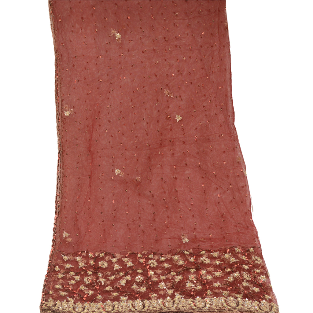 Sanskriti Vintage Dupatta Long Stole Net Mesh Dark Red Veil Hand Beaded Scarves