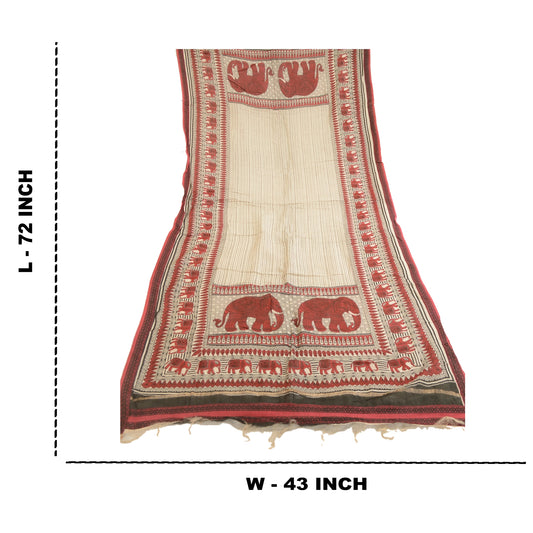 Sanskriti Vintage Dupatta Long Stole Chanderi Ivory Block Printed Animal Scarves
