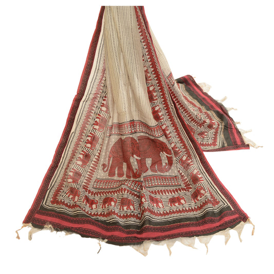 Sanskriti Vintage Dupatta Long Stole Chanderi Ivory Block Printed Animal Scarves