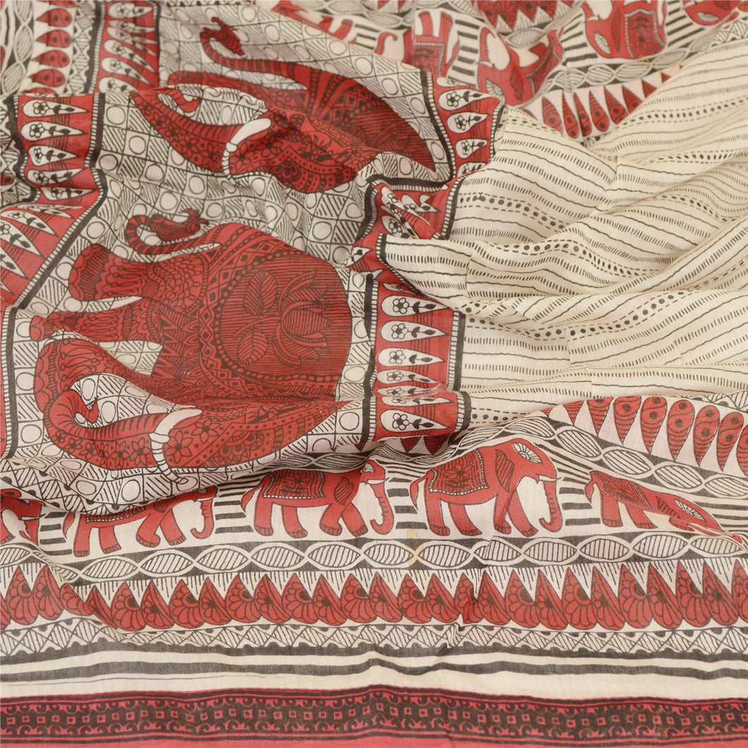 Sanskriti Vintage Dupatta Long Stole Chanderi Ivory Block Printed Animal Scarves
