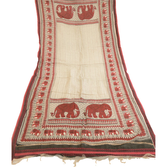 Sanskriti Vintage Dupatta Long Stole Chanderi Ivory Block Printed Animal Scarves