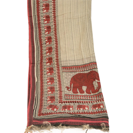 Sanskriti Vintage Dupatta Long Stole Chanderi Ivory Block Printed Animal Scarves