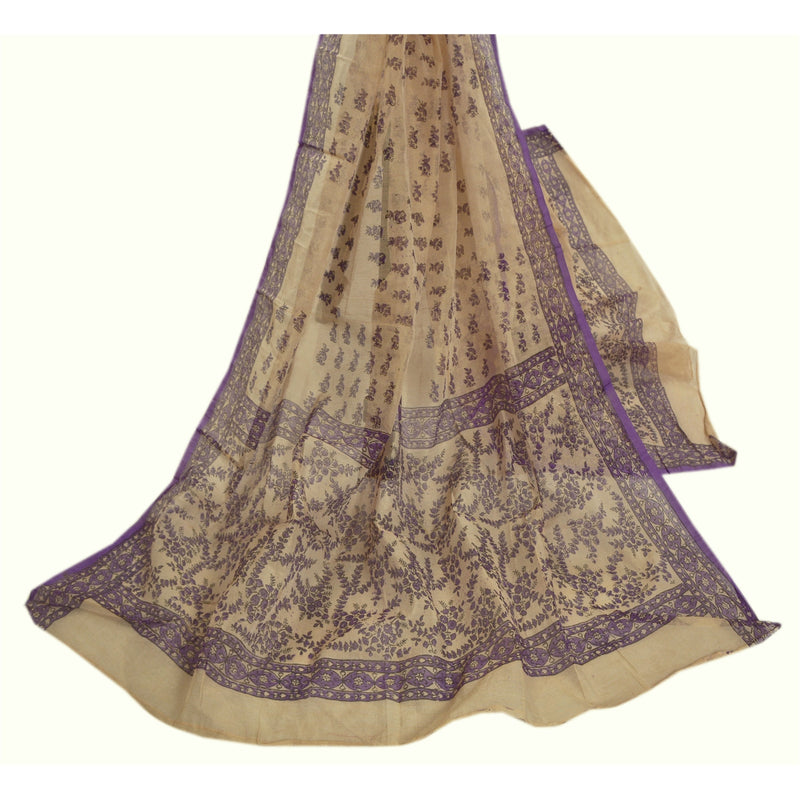 Sanskriti Vintage Ivory Dupatta Long Art Silk Kota Doria Printed Wrap VeilUses-Crafts Sewing Patchwork Home Decor, Bag Making