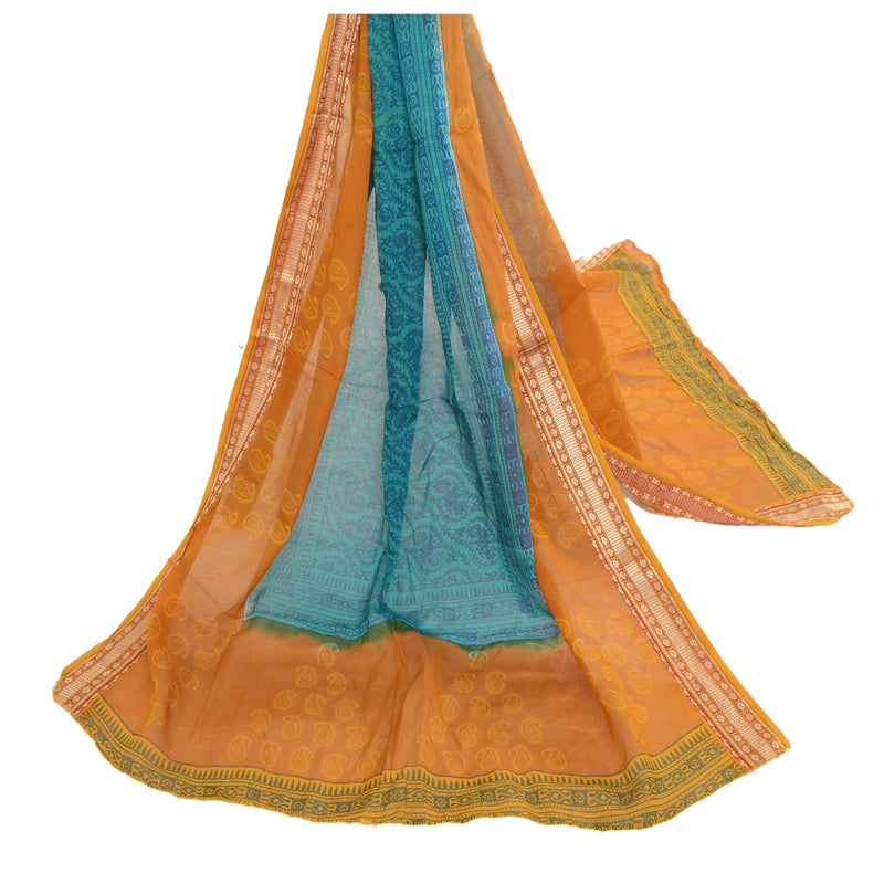 Sanskriti Vintage Mustard/Blue Dupatta Long Georgette Block Print Floral Hijab Add-Elegance to Table Linen, Curtains, or Cushions