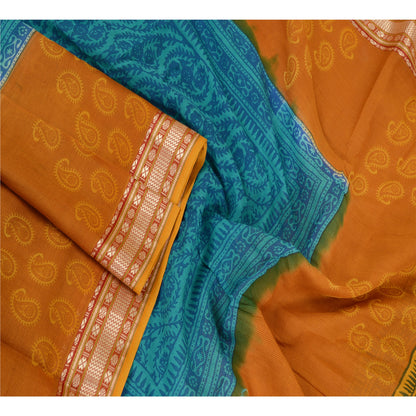 Sanskriti Vintage Dupatta Long Stole Cotton Silk Saffron Hijab Block Printed