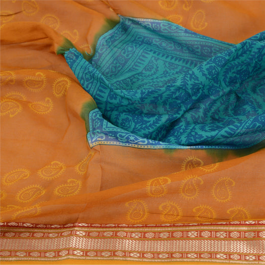 Sanskriti Vintage Dupatta Long Stole Cotton Silk Saffron Hijab Block Printed