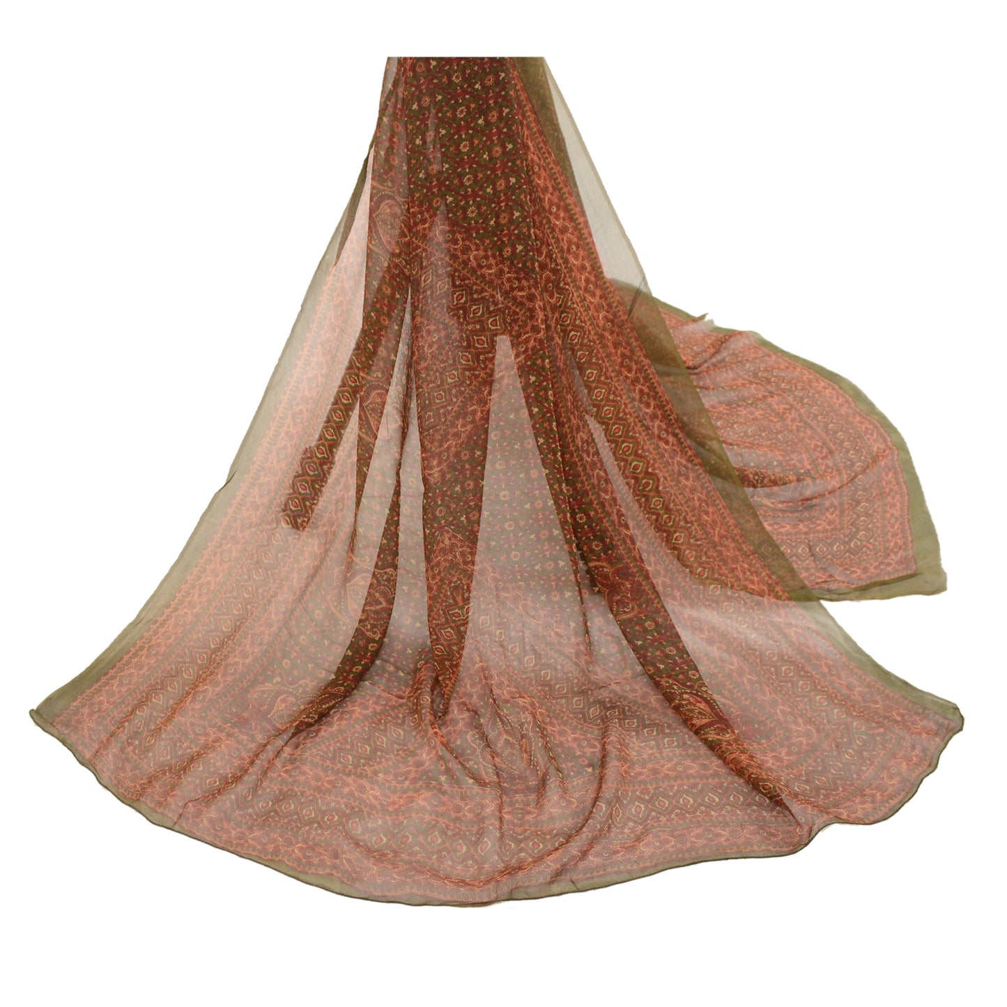 Sanskriti Vintage Dupatta Long Stole Georgette Green Hijab Printed Soft Scarves