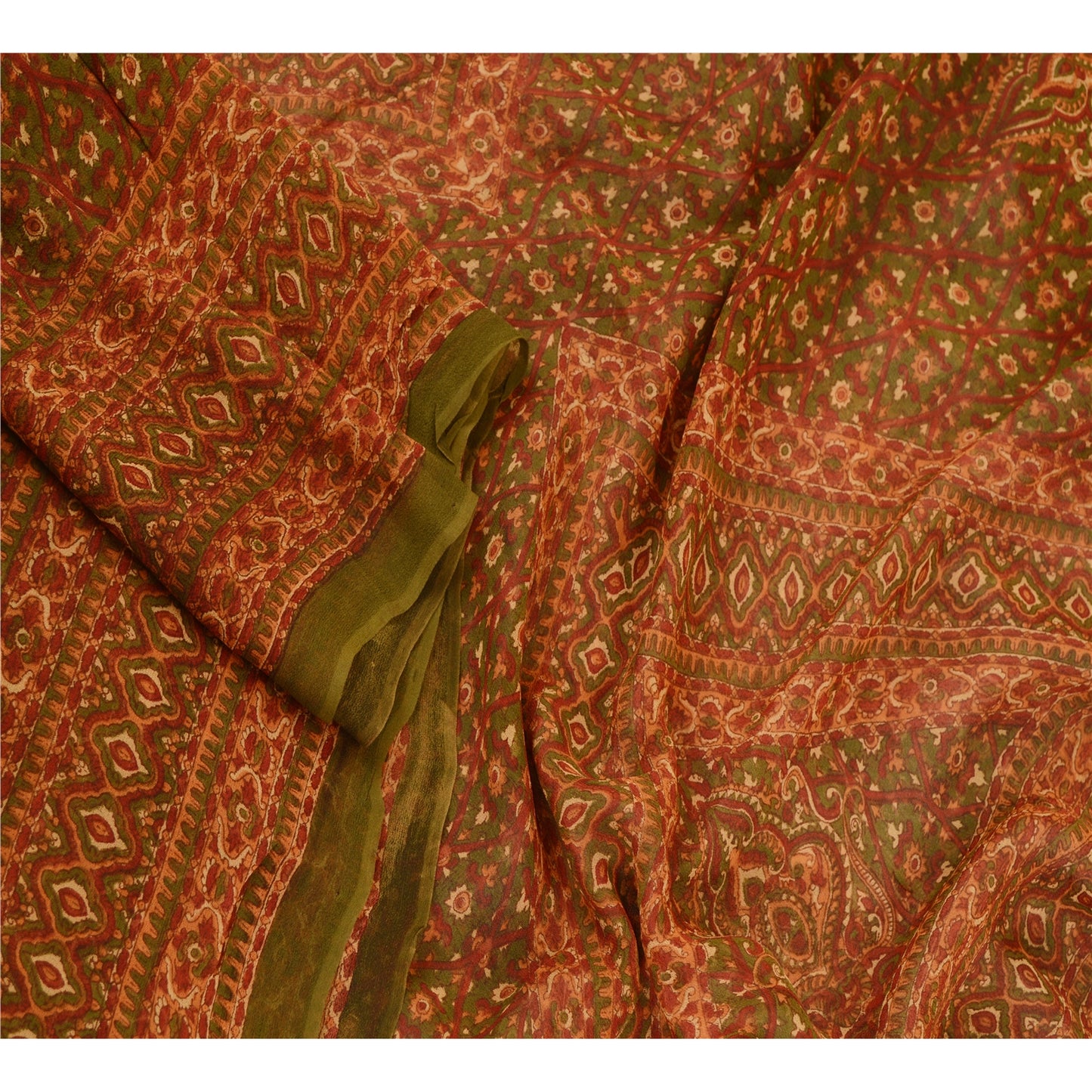 Sanskriti Vintage Dupatta Long Stole Georgette Green Hijab Printed Soft Scarves