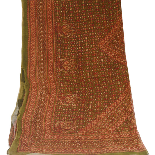 Sanskriti Vintage Dupatta Long Stole Georgette Green Hijab Printed Soft Scarves