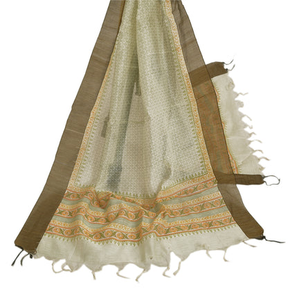 Sanskriti Vintage Dupatta Long Stole Pure Chanderi Silke Elfenbensprintede tørklæder