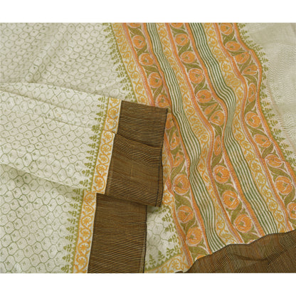 Sanskriti Vintage Dupatta Long Stole Pure Chanderi Silke Elfenbensprintede tørklæder