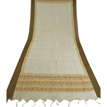 Sanskriti Vintage Dupatta Long Stole Pure Chanderi Silke Elfenbensprintede tørklæder