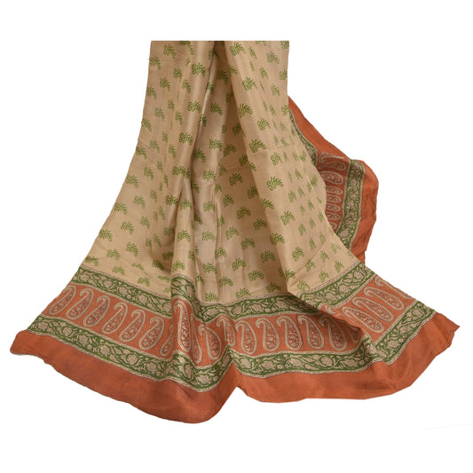 Sanskriti Vintage Beige/Brown Dupatta Long Pure Silk Block Printed  Add-Elegance to Table Linen, Curtains, or Cushions