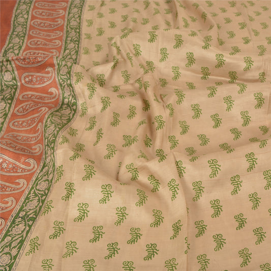 Sanskriti Vintage Dupatta Long Stole Pure Silk Pale Cream Block Printed Scarves