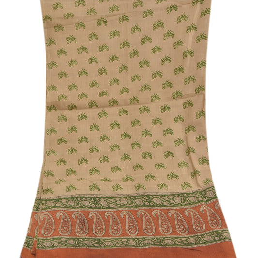 Sanskriti Vintage Dupatta Long Stole Pure Silk Pale Cream Block Printed Scarves