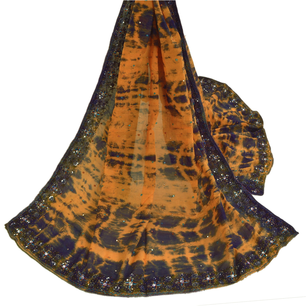 Sanskriti Vintage Dupatta Long Stole Art Silk Saffron Hand Beaded Tie-Dye Veil