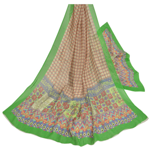 Sanskriti Vintage Dupatta Long Stole Pure Silk Green Hijab Printed Soft Scarves