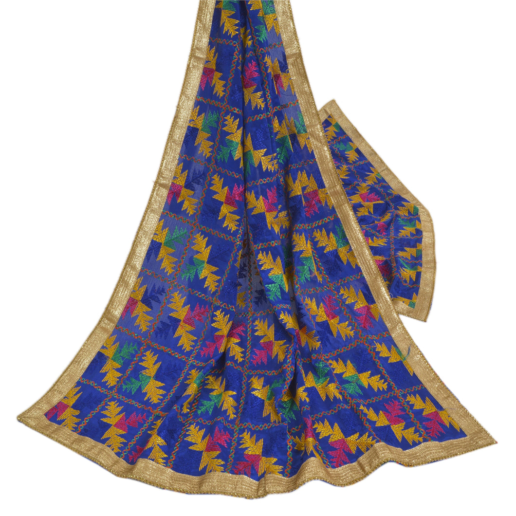 Sanskriti Vintage Dupatta Long Stole Art Silk Blue Embroidered Bagh Phulkari