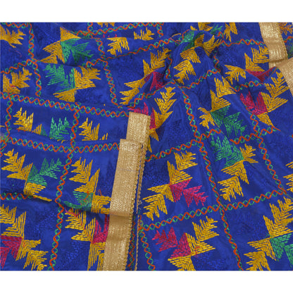 Sanskriti Vintage Dupatta Long Stole Art Silk Blue Embroidered Bagh Phulkari