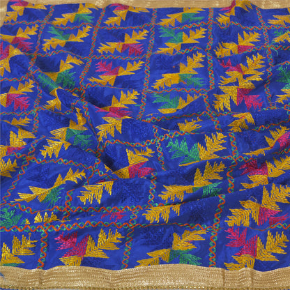 Sanskriti Vintage Dupatta Long Stole Art Silk Blue Embroidered Bagh Phulkari