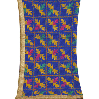 Sanskriti Vintage Dupatta Long Stole Art Silk Blue Embroidered Bagh Phulkari