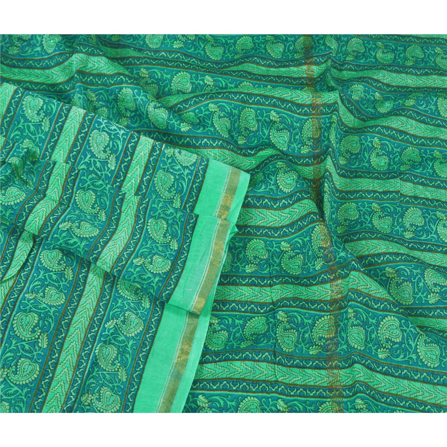 Sanskriti Vintage Dupatta Long Stole Green Blend Silk Printed Scarves