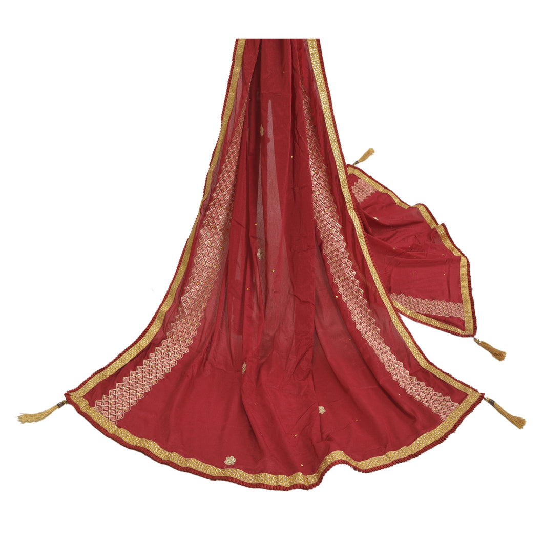 Sanskriti Vintage Dupatta Long Stole Art Silk Dark Red Hand Beaded Scarves