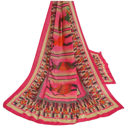 Sanskriti Vintage Dupatta Long Stole Pink Hijab Digital Printed Human Scarves