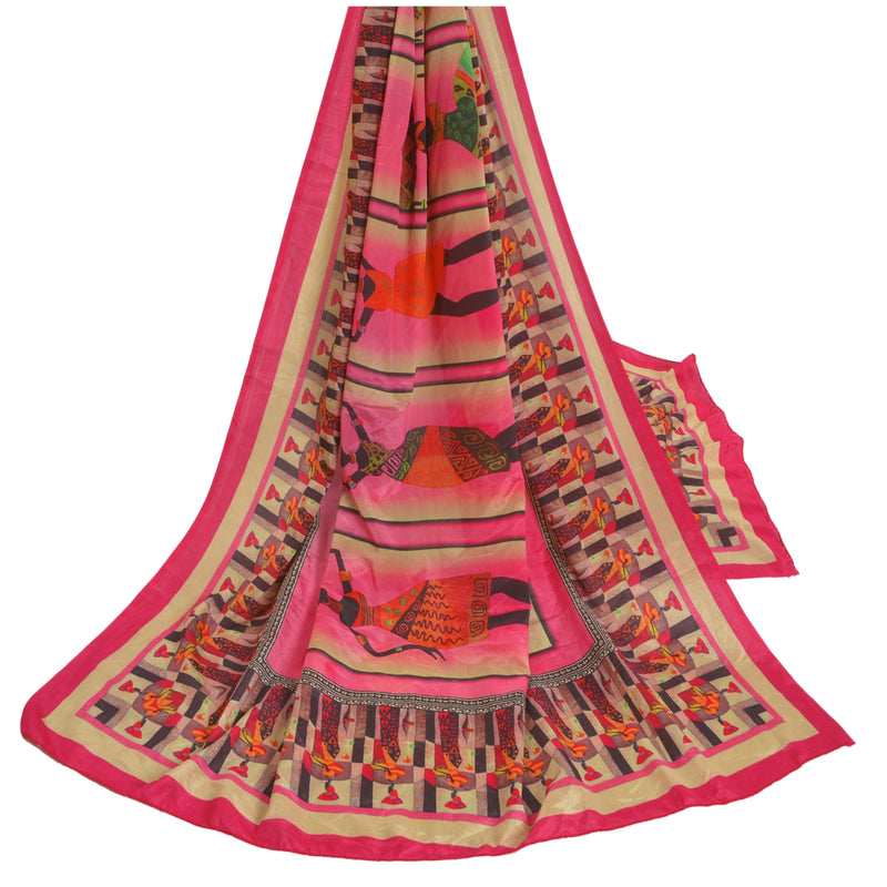 Sanskriti Vintage Pink & Cream Dupatta Long Stole Geometric Digital Printed Veil