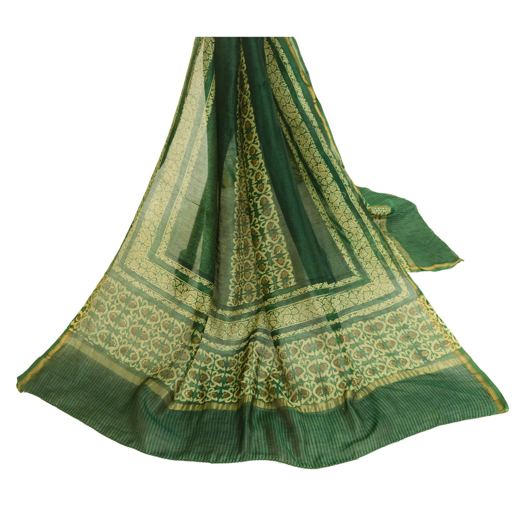 Sanskriti Vintage Dupatta Long Stole Chanderi Silk Green Printed Scarves