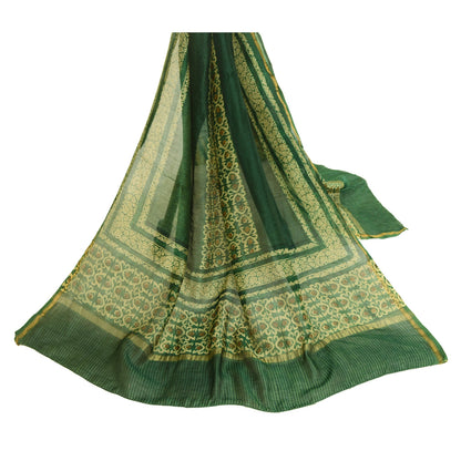 Sanskriti Vintage Dupatta Long Stole Chanderi Silk Green Printed Scarves