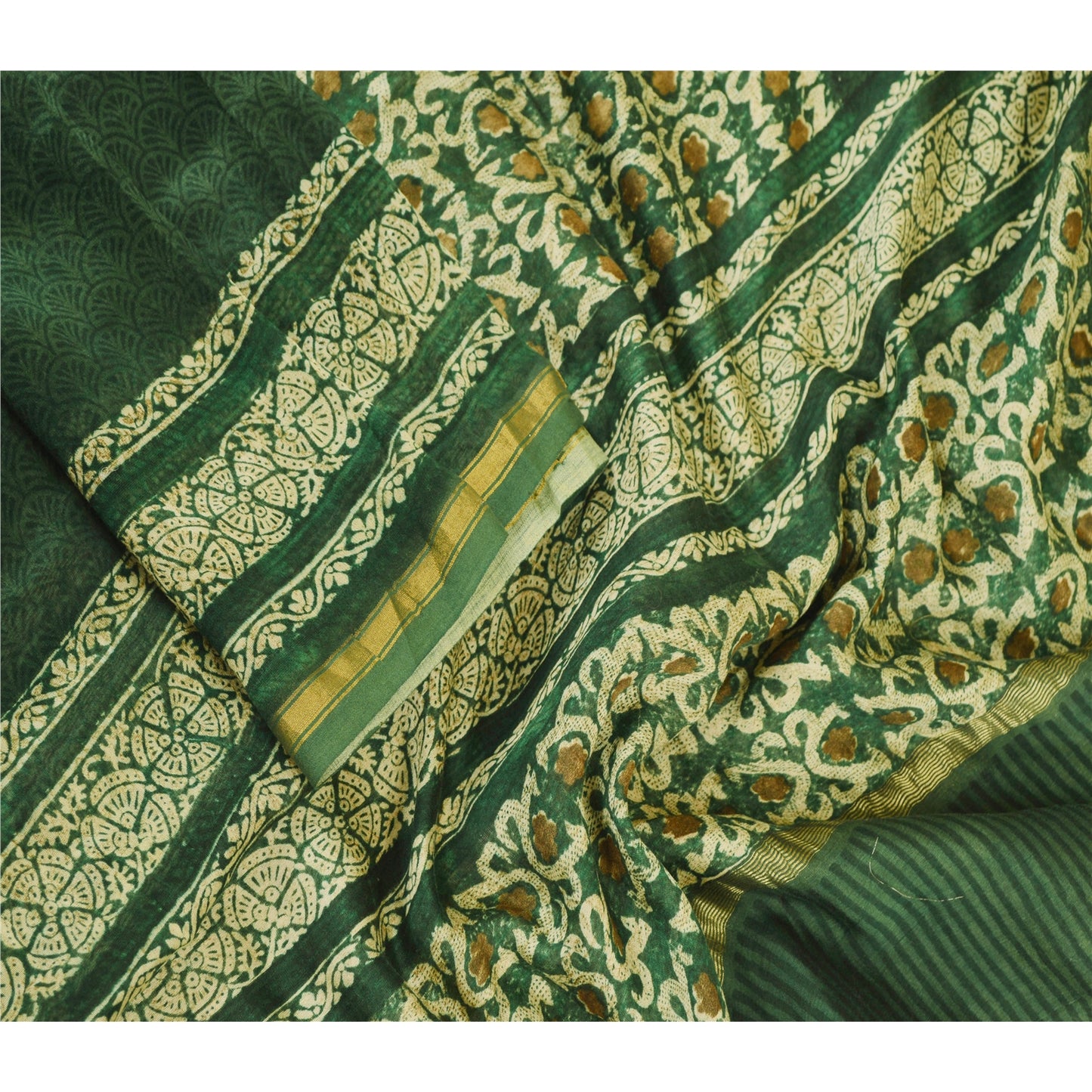 Sanskriti Vintage Dupatta Long Stole Chanderi Silk Green Printed Scarves