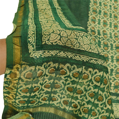 Sanskriti Vintage Dupatta Long Stole Chanderi Silk Green Printed Scarves