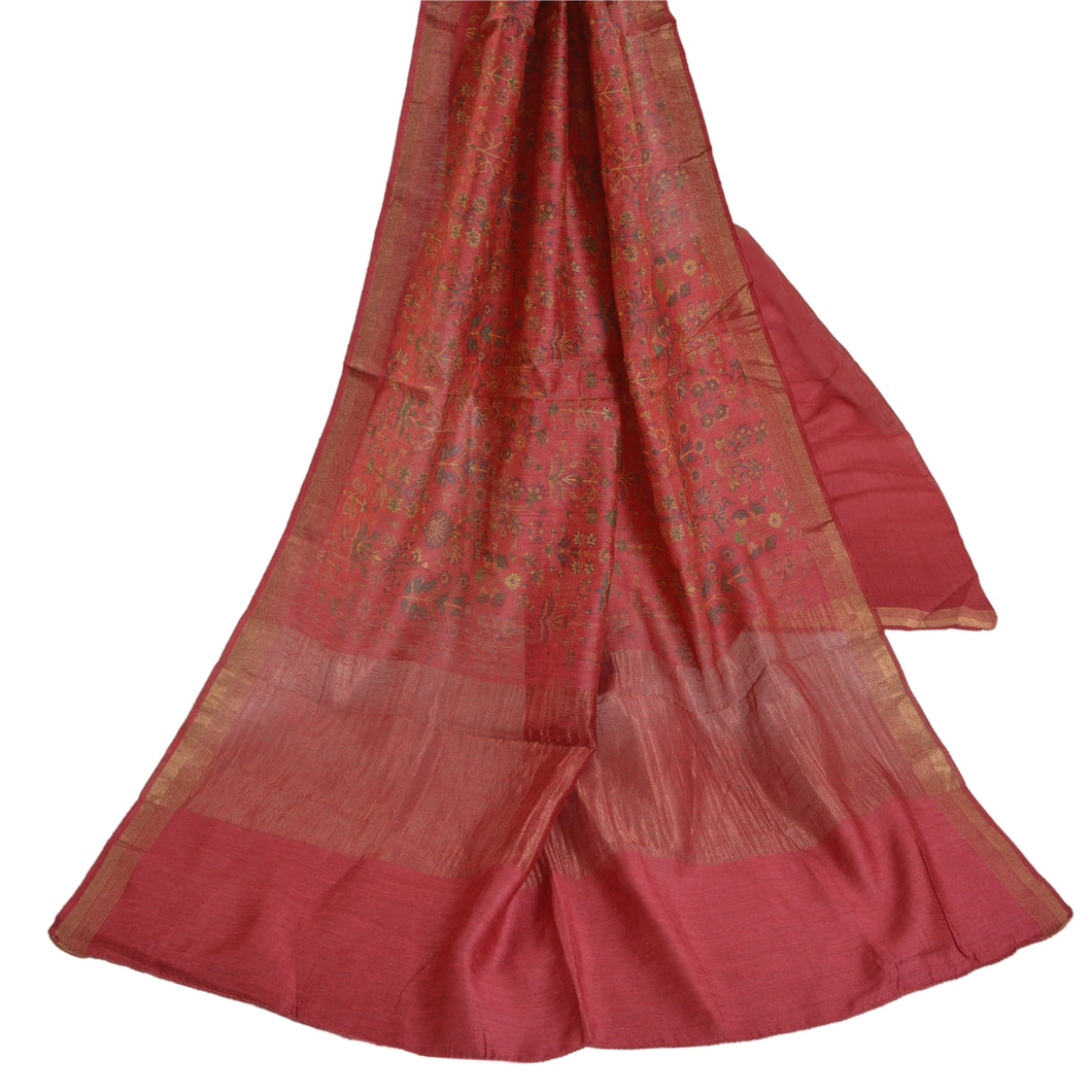 Sanskriti Vintage Dupatta Long Stole Pure Silk Pink Hijab Printed Woven Scarves