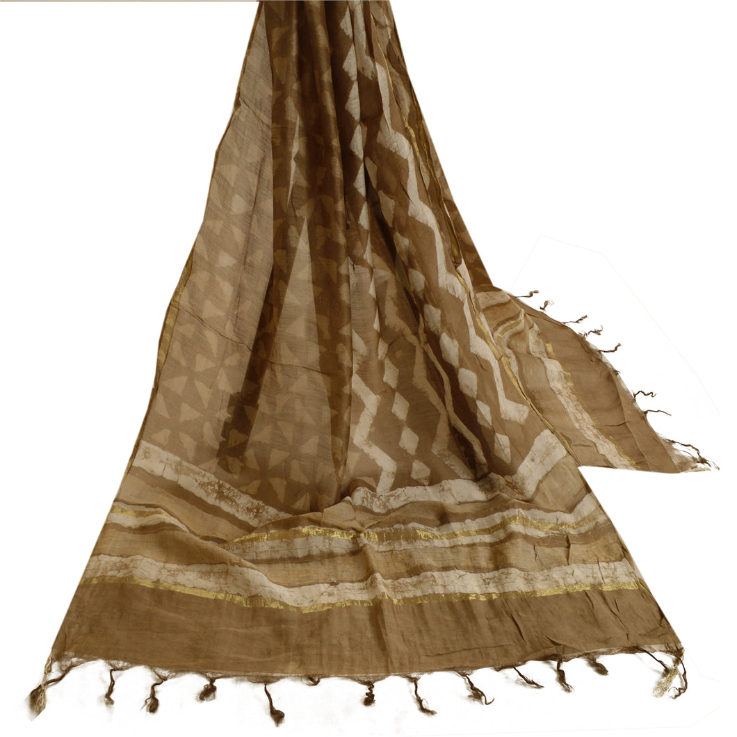 Sanskriti Vintage Dupatta Long Stole Pure Chanderi Silk Brown Hijab Batik Veil
