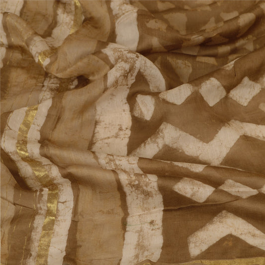 Sanskriti Vintage Dupatta Long Stole Pure Chanderi Silk Brown Hijab Batik Veil