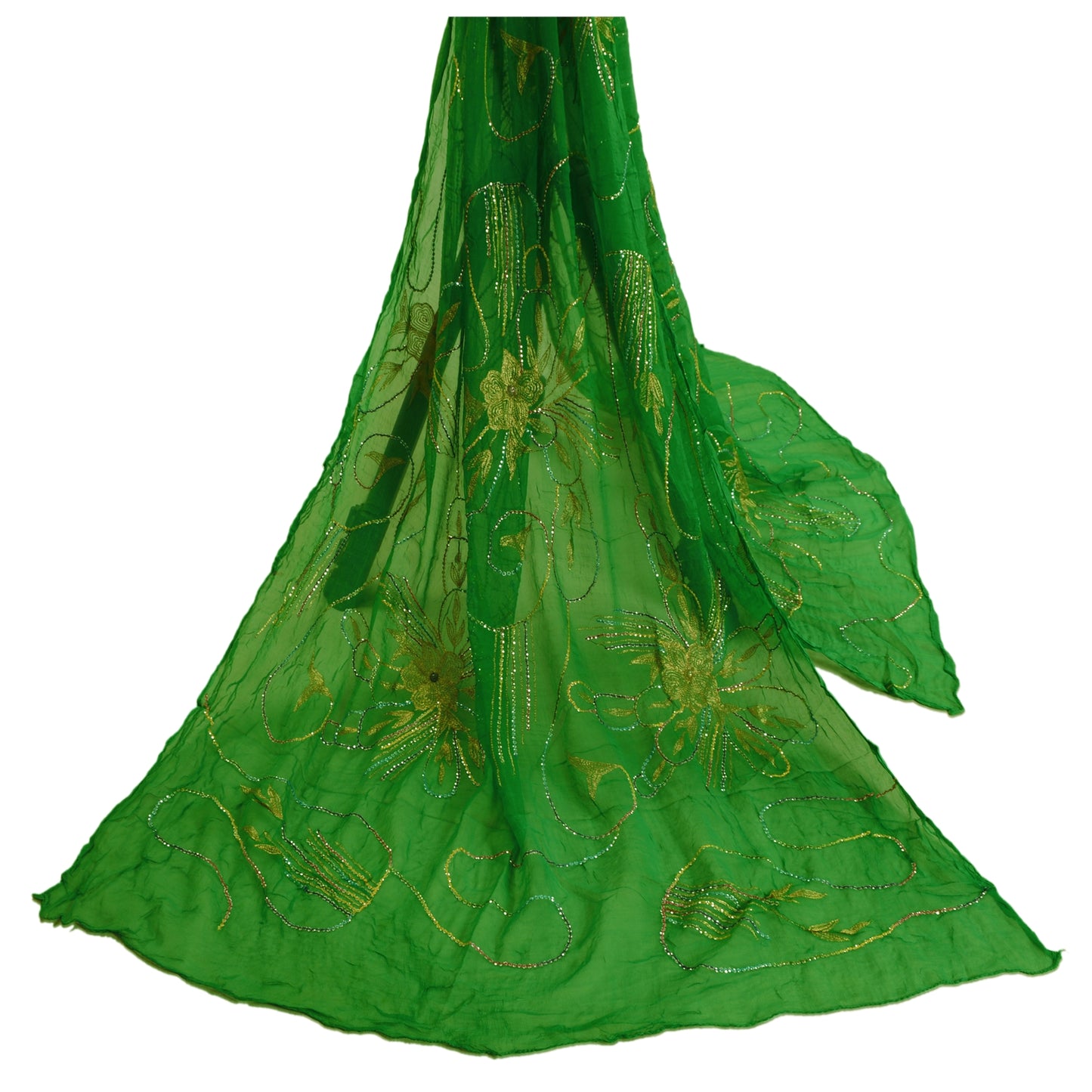 Sanskriti Vintage Dupatta Lang Stole Ren Chiffon Silke Grønne Håndperlede Tørklæder