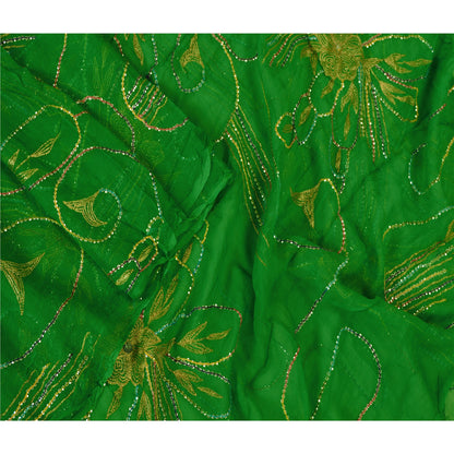 Sanskriti Vintage Dupatta Lang Stole Ren Chiffon Silke Grønne Håndperlede Tørklæder