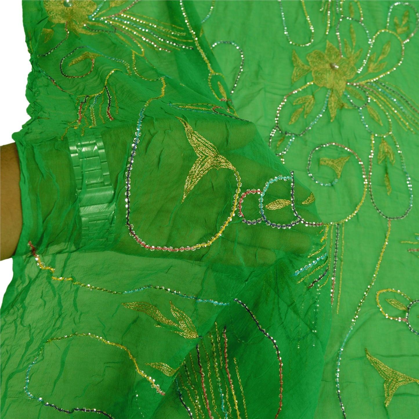 Sanskriti Vintage Dupatta Lang Stole Ren Chiffon Silke Grønne Håndperlede Tørklæder