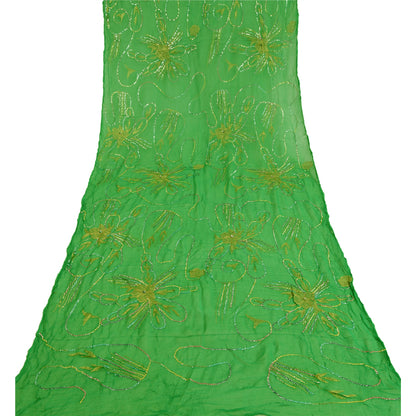 Sanskriti Vintage Dupatta Lang Stole Ren Chiffon Silke Grønne Håndperlede Tørklæder