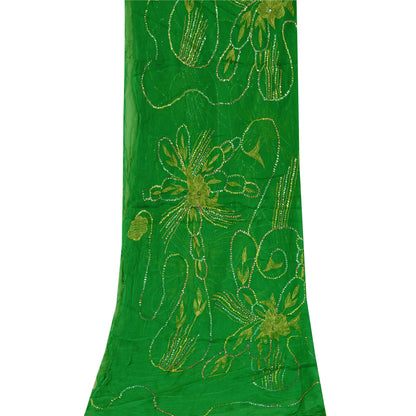 Sanskriti Vintage Dupatta Lang Stole Ren Chiffon Silke Grønne Håndperlede Tørklæder