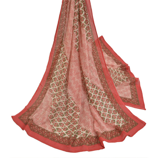 Sanskriti Vintage Dupatta Long Stole Pure Cotton Ivory Block Printed Wrap Hijab