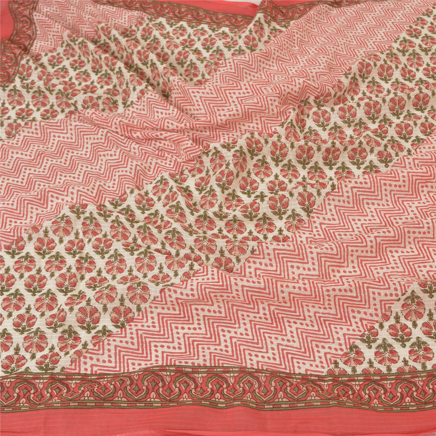 Sanskriti Vintage Dupatta Long Stole Pure Cotton Ivory Block Printed Wrap Hijab