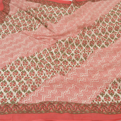 Sanskriti Vintage Dupatta Long Stole Pure Cotton Ivory Block Printed Wrap Hijab