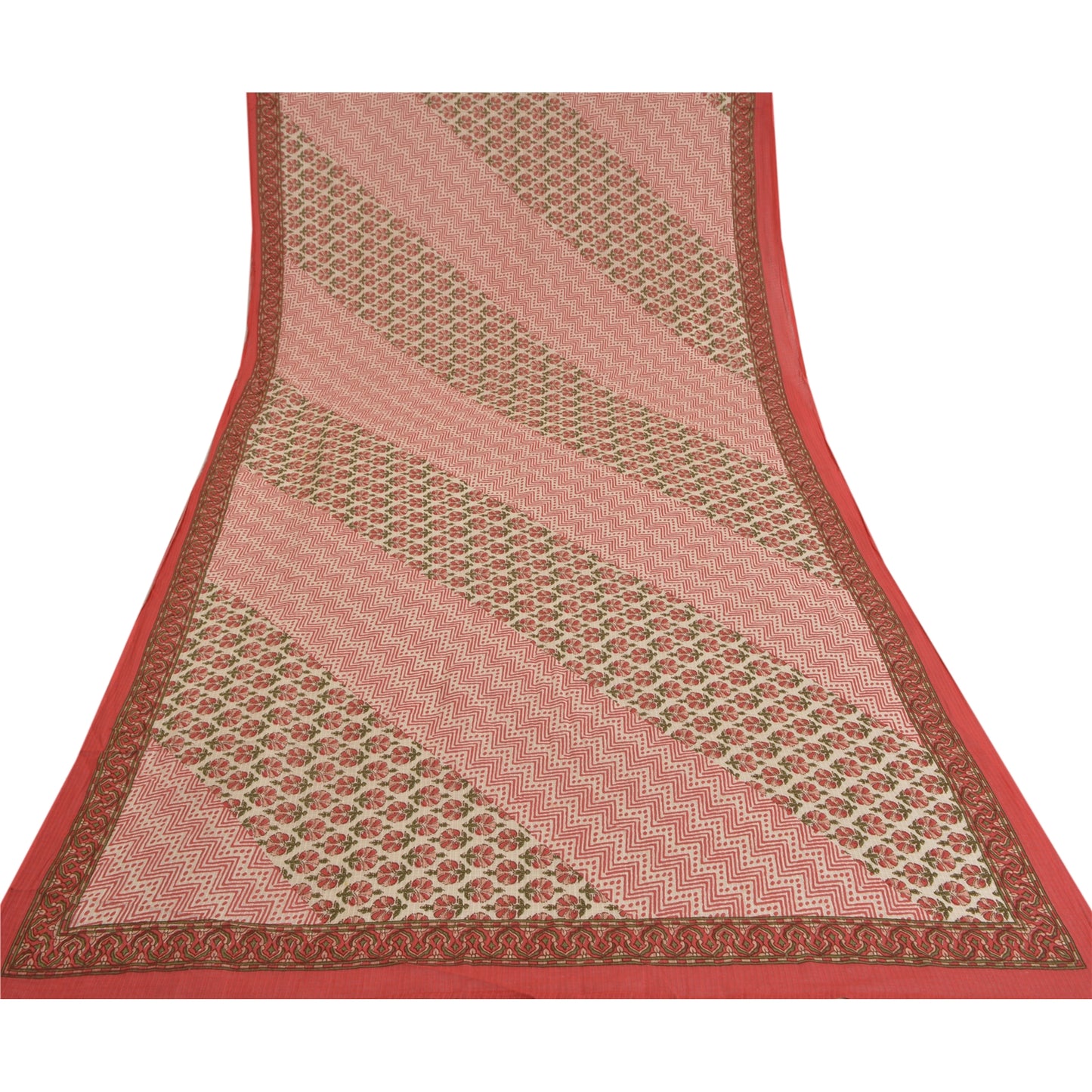 Sanskriti Vintage Dupatta Long Stole Pure Cotton Ivory Block Printed Wrap Hijab