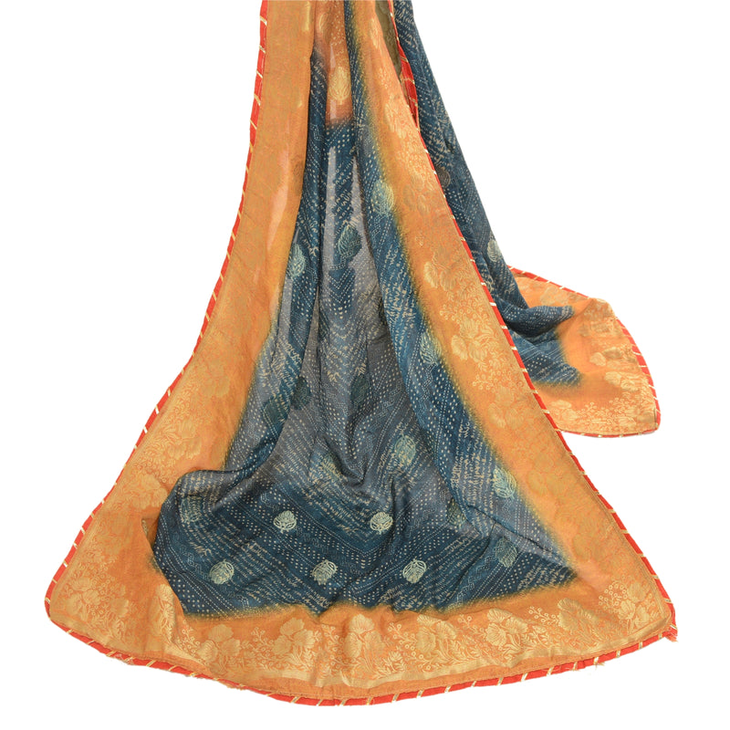 Sanskriti Vintage Dupatta Long Stole Art Silk Blue Woven Printed Wrap Hijab